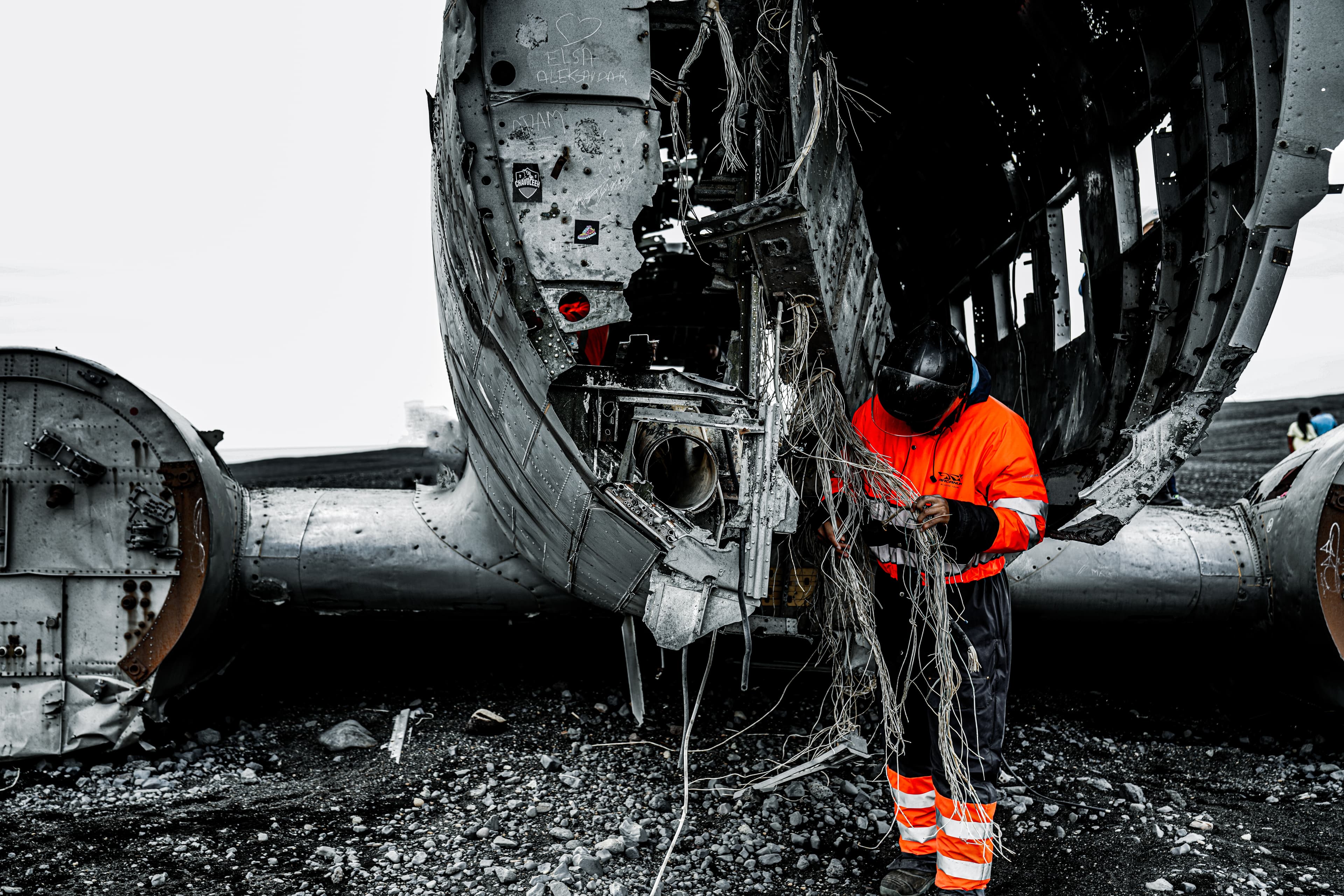 Exploring the remains of a airplane wreck.
