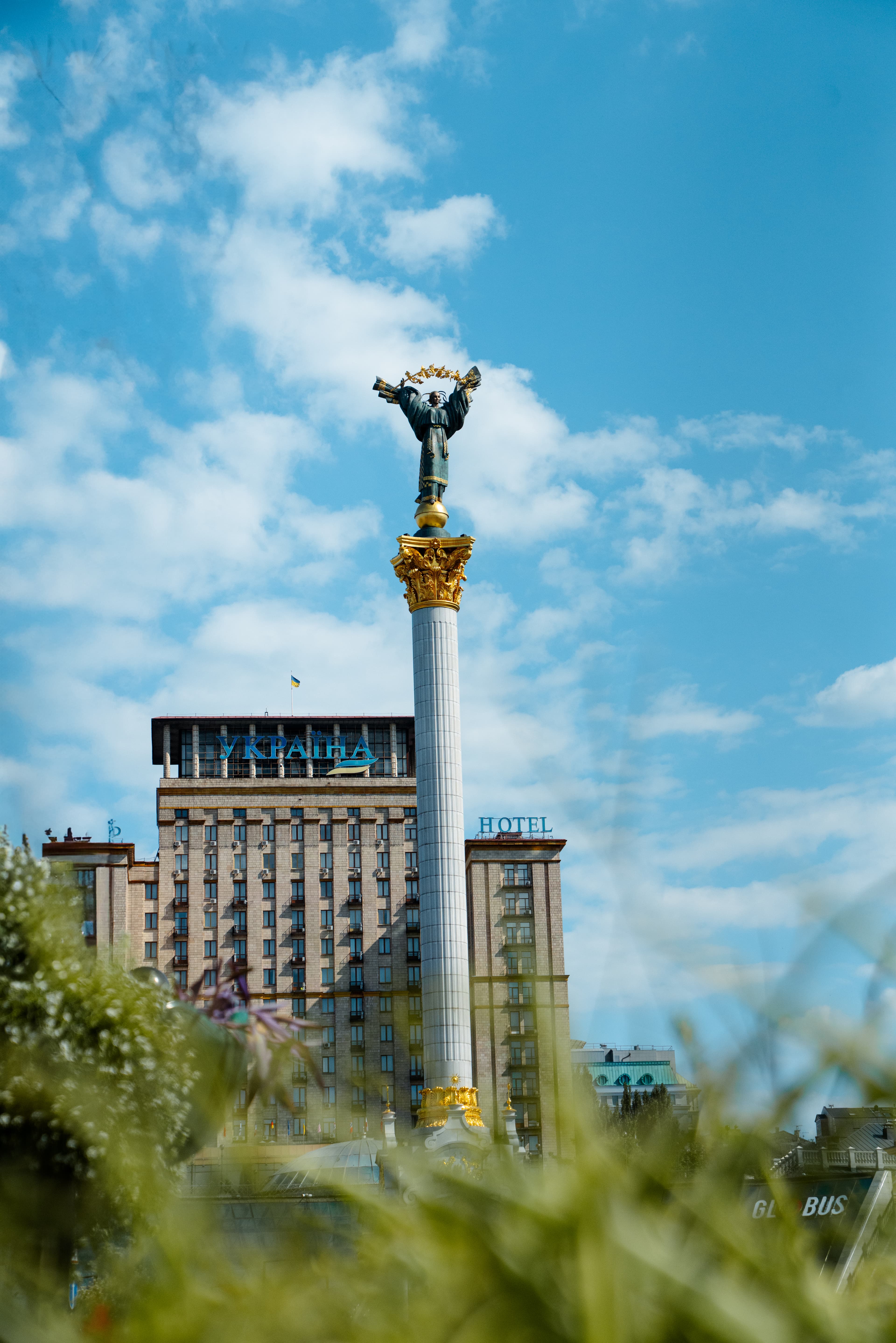 Independence Monument rising over central Kyiv, Ukraine.